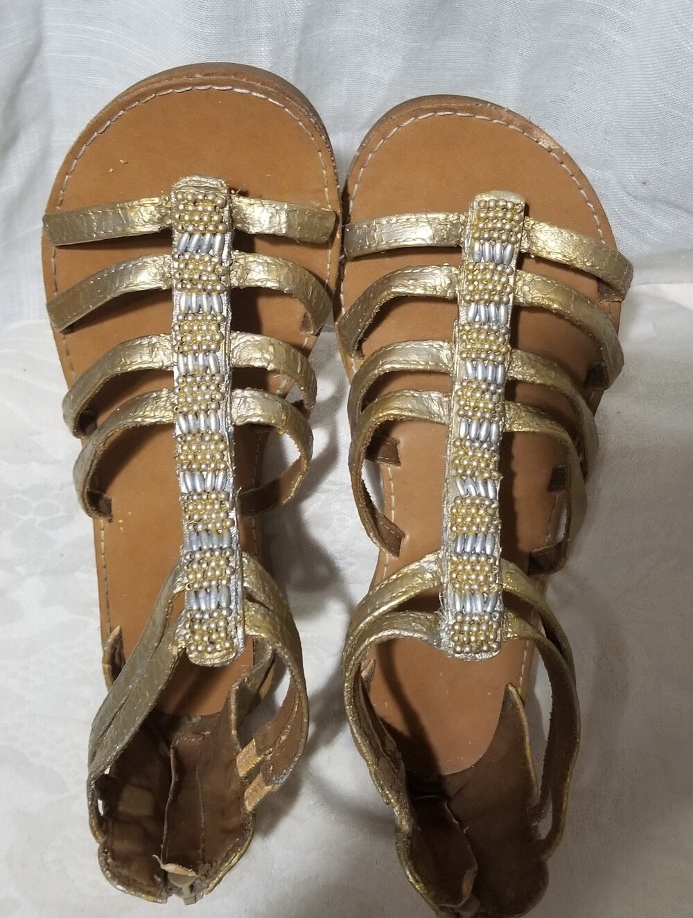 Self Esteem Baby's 4 Gold Strappy Beaded Gladiator Sandals With Tan Footbed